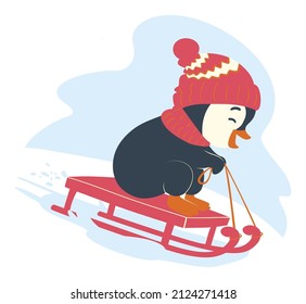 Funny penguin sledding. Christmas penguin ride on a sleigh illustration