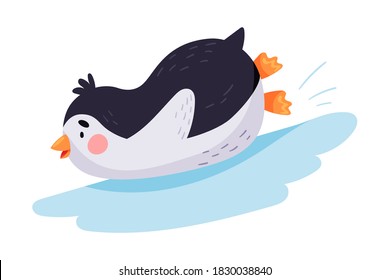 Funny Penguin Sliding Down the Ice Hill Vector Illustration