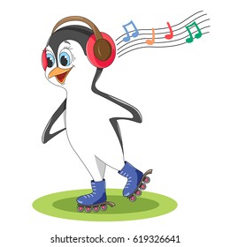 Funny penguin with a smile rolls on rollers in the summer and ice skates in the winter in big headphones