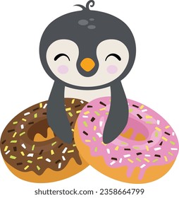 Funny penguin with strawberry and chocolate donuts

