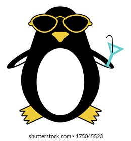 Funny penguin in sunglasses with cocktail