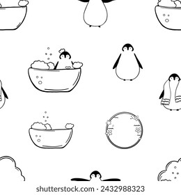 Funny penguin taking bath seamless pattern. Taking bath doodle