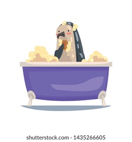 Funny Penguin Taking Bath and Washing with Washcloth, Funny Animal Cartoon Character Relaxing in Bathtub Full of Foam Vector Illustration
