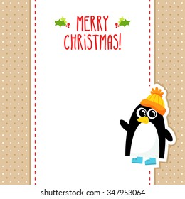 Funny penguin vector Christmas greeting card design template with funny animal character wearing bright hat and waving on dotted background with space for text