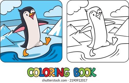 Funny penguin walking on ice. Kids coloring book