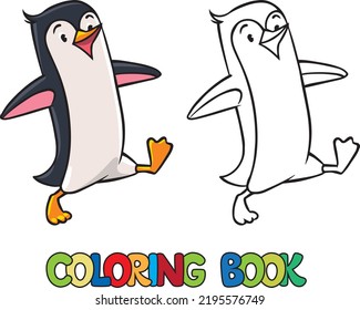 Funny penguin walking on ice. Kids coloring book