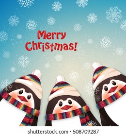 Funny penguin. Winter background. Template with place for text. Merry Christmas