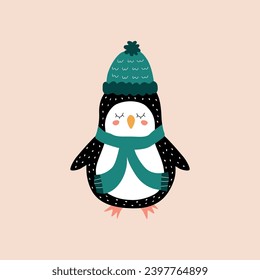 Funny penguin with winter hat and scarf hand drawn vector illustration. Isolated adorable Christmas bird in flat style for kids poster, icon or logo.