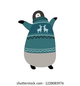 Funny penguin in the winter sweater. Vector christmas illustration 