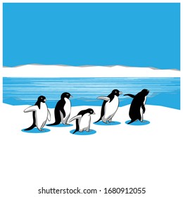 Pingüinos divertidos en la Antártida. Ilustración del vector
