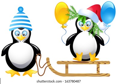 Funny penguins with balloons sledding
