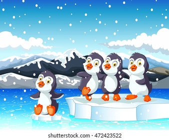 Funny Family Penguin Cartoon Snow Mountain Stock Vector (Royalty Free