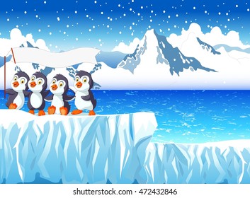 funny penguins cartoon with snow mountain landscape background