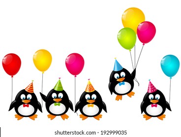 Funny penguins with color balloons