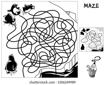 Funny penguins. Educational maze game for children. Black and white cartoon vector illustration