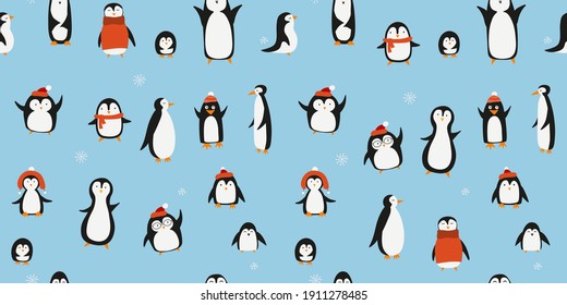 Funny Penguins family. Seamless Pattern for your design. Vector illustration