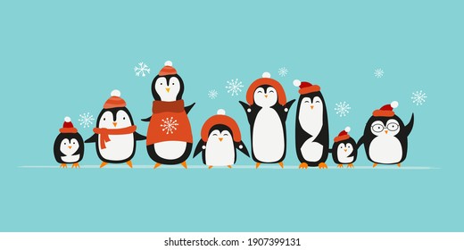 Funny Penguins family. Sketch for your design. Vector illustration