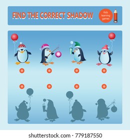 Funny penguins. Find the correct shadow. Educational game for children. Cartoon vector illustration. Kids learning games collection.