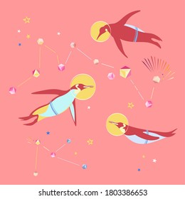 Funny penguins flies to the stars. Space travel, believe in magic.