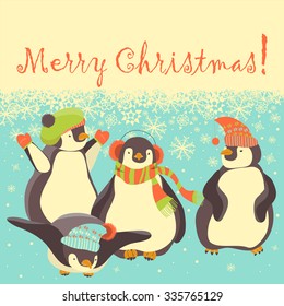 Funny penguins friends celebrating Christmas. Vector illustration