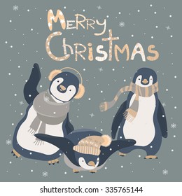 Funny penguins friends celebrating Christmas. Vector illustration