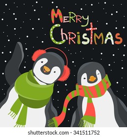 Funny penguins friends celebrating Christmas. Vector illustration