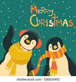 Funny penguins friends celebrating Christmas