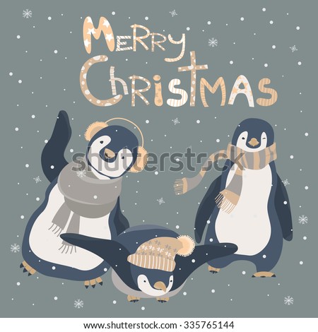 Funny penguins friends celebrating Christmas. Vector illustration