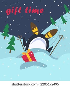Funny penguins. Greeting card for Christmas, New Year. Vector illustration