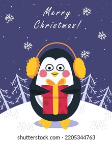 Funny penguins. Greeting card for Christmas, New Year. Vector illustration