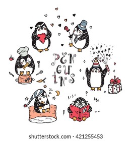 Funny Penguins. Hand drawn doodle Cute penguins vector set