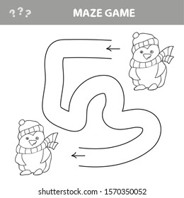 Funny penguins labyrinth game winter card for Preschool Children. vector