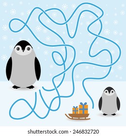 Gracioso pingüinos laberinto juego tarjeta de invierno para niños de preescolar. vectorial