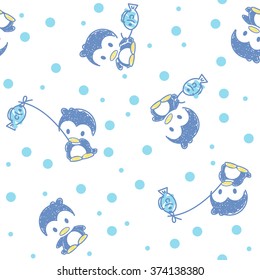 funny penguins on a  background with Polka dots