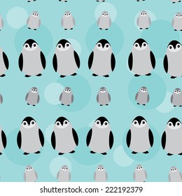 Funny Penguins on blue background seamless pattern. vector