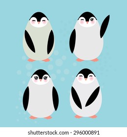 Funny penguins on blue background. Vector