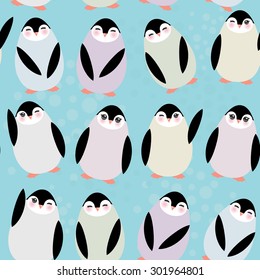 Funny penguins on blue background seamless pattern. Vector
