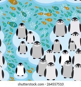 funny penguins on an ice floe, fish swim in the water seamless pattern. Vector