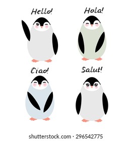 Funny penguins on white background. Hello in English Spanish Italian French Language. Vector