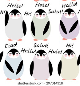 Funny penguins on white background seamless pattern. Hello in English Spanish Italian German French Language. Vector