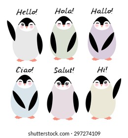 Funny penguins on white background. Hello in English Spanish Italian German French Language. Vector