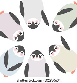 Funny penguins on white background card template. Vector