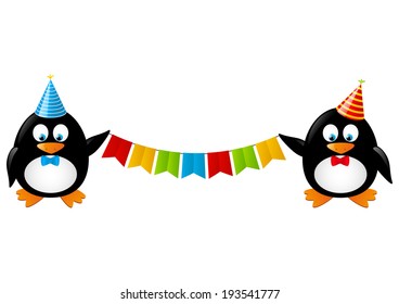 Funny penguins with party flags