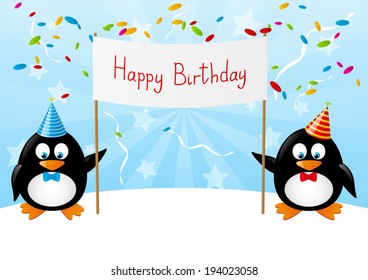 Funny penguins with party flags