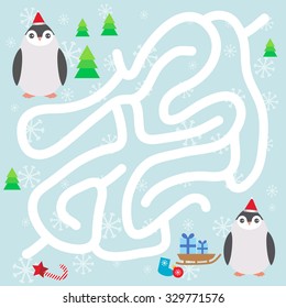 Funny penguins in the red hat  snowflakes   gifts  christmas winter labyrinth game for Preschool Children blue background  Vector