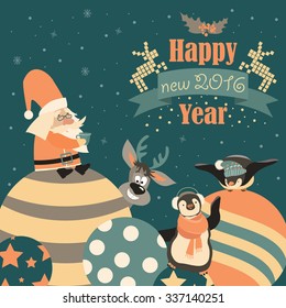 Funny penguins with Santa Claus celebrating Christmas. Vector illustration