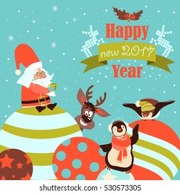 Funny penguins with Santa Claus celebrating Christmas