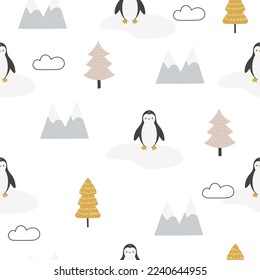 Funny penguins seamless pattern. Cute animal on a white background. Vector illustration of mountains, trees, ice floes. Hand drawn pastel baby print. Nursery design