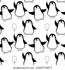 Funny penguins seamless pattern in hand drawn doodle style. Vector illustration isolated on white.