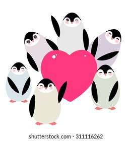Funny penguins set  Card design with a funny animal with pink heart on  white background. Vector